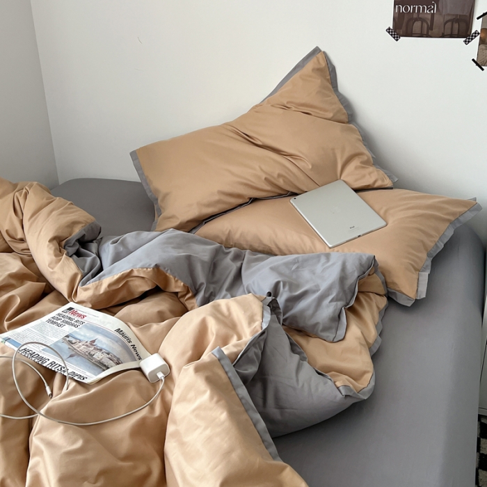 91家纺网 家纺一手货源 找家纺 安莱生活 2023新款 60贡缎双拼小宽边四件套 卡其双拼浅灰