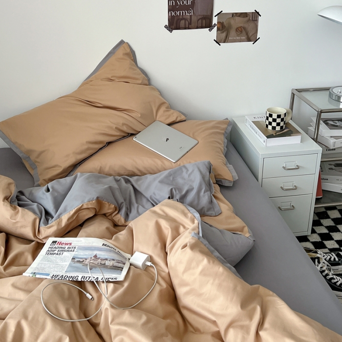 91家纺网 家纺一手货源 找家纺 安莱生活 2023新款 60贡缎双拼小宽边四件套 卡其双拼浅灰