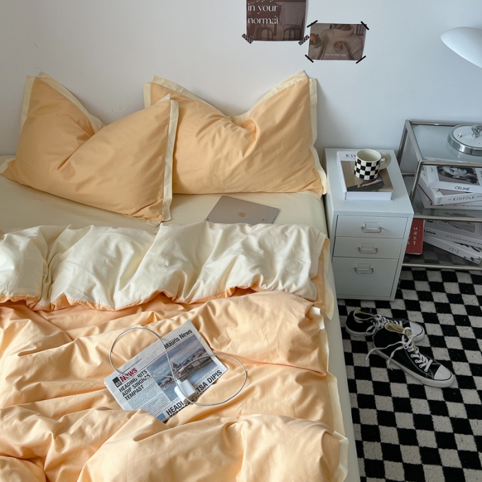 91家纺网 家纺一手货源 找家纺 安莱生活 2023新款 60贡缎双拼小宽边四件套 奶杏双拼奶黄