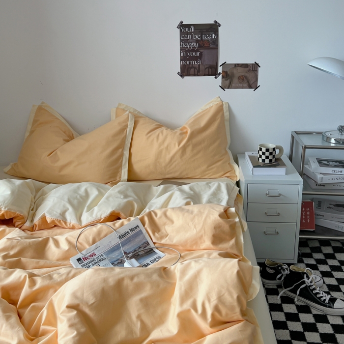 91家纺网 家纺一手货源 找家纺 安莱生活 2023新款 60贡缎双拼小宽边四件套 奶杏双拼奶黄