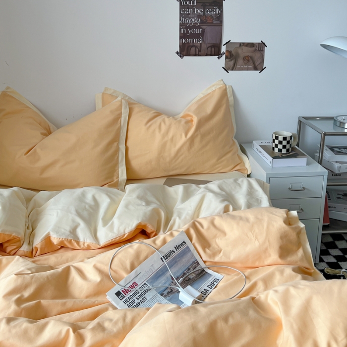 91家纺网 家纺一手货源 找家纺 安莱生活 2023新款 60贡缎双拼小宽边四件套 奶杏双拼奶黄