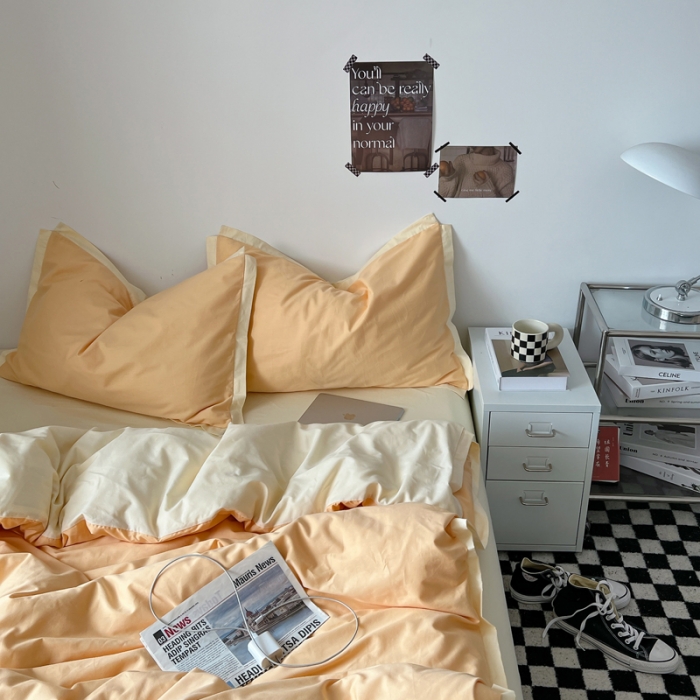 91家纺网 家纺一手货源 找家纺 安莱生活 2023新款 60贡缎双拼小宽边四件套 奶杏双拼奶黄