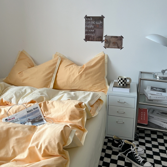 91家纺网 家纺一手货源 找家纺 安莱生活 2023新款 60贡缎双拼小宽边四件套 奶杏双拼奶黄