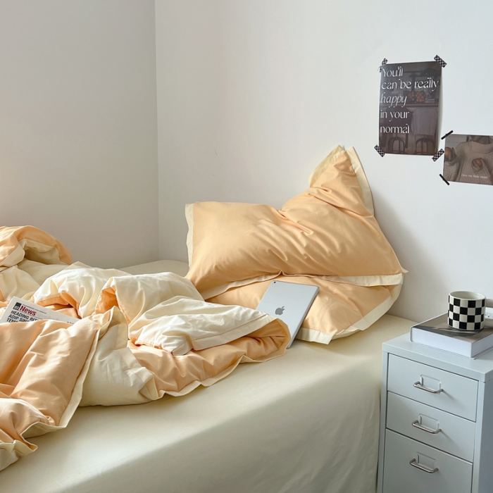 91家纺网 家纺一手货源 找家纺 安莱生活 2023新款 60贡缎双拼小宽边四件套 奶杏双拼奶黄