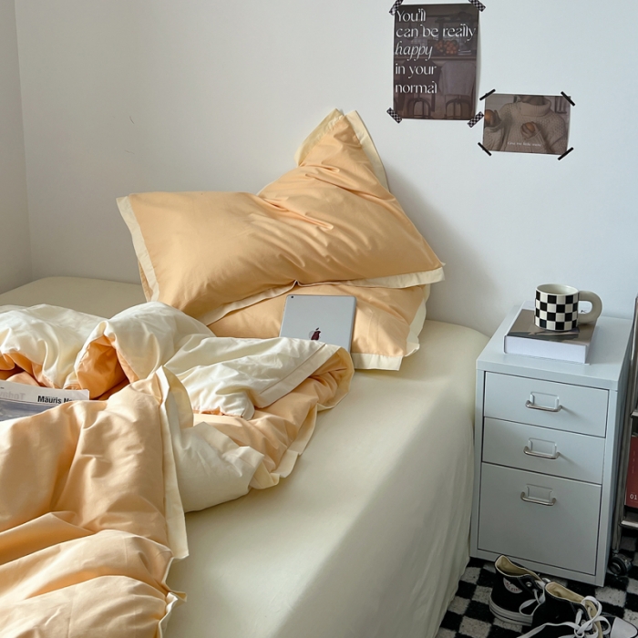 91家纺网 家纺一手货源 找家纺 安莱生活 2023新款 60贡缎双拼小宽边四件套 奶杏双拼奶黄