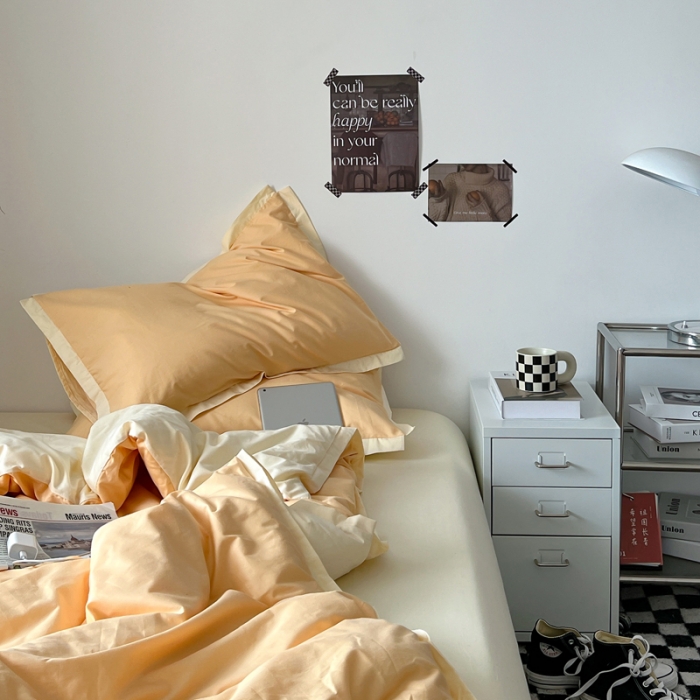 91家纺网 家纺一手货源 找家纺 安莱生活 2023新款 60贡缎双拼小宽边四件套 奶杏双拼奶黄