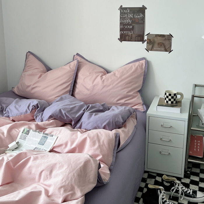 91家纺网 家纺一手货源 找家纺 安莱生活 2023新款 60贡缎双拼小宽边四件套 嫩粉双拼淡紫