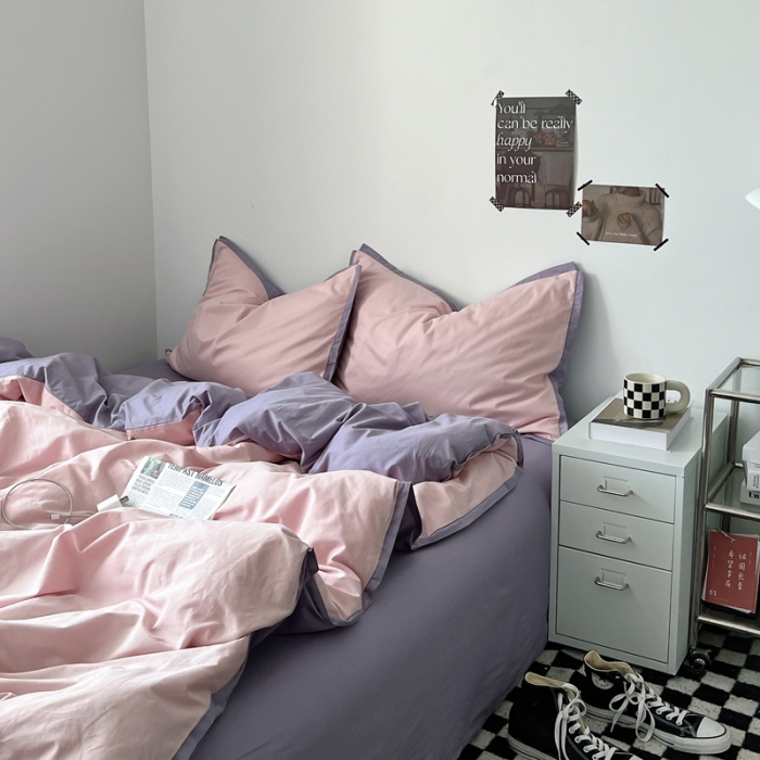 91家纺网 家纺一手货源 找家纺 安莱生活 2023新款 60贡缎双拼小宽边四件套 嫩粉双拼淡紫