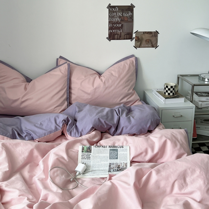 91家纺网 家纺一手货源 找家纺 安莱生活 2023新款 60贡缎双拼小宽边四件套 嫩粉双拼淡紫