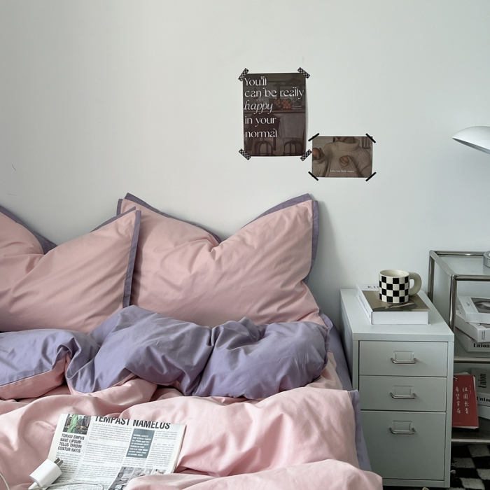 91家纺网 家纺一手货源 找家纺 安莱生活 2023新款 60贡缎双拼小宽边四件套 嫩粉双拼淡紫