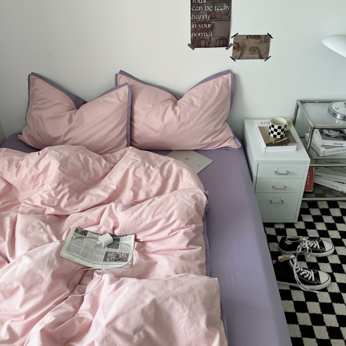 91家纺网 家纺一手货源 找家纺 安莱生活 2023新款 60贡缎双拼小宽边四件套 嫩粉双拼淡紫