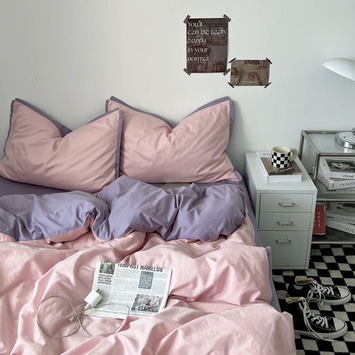 91家纺网 家纺一手货源 找家纺 安莱生活 2023新款 60贡缎双拼小宽边四件套 嫩粉双拼淡紫