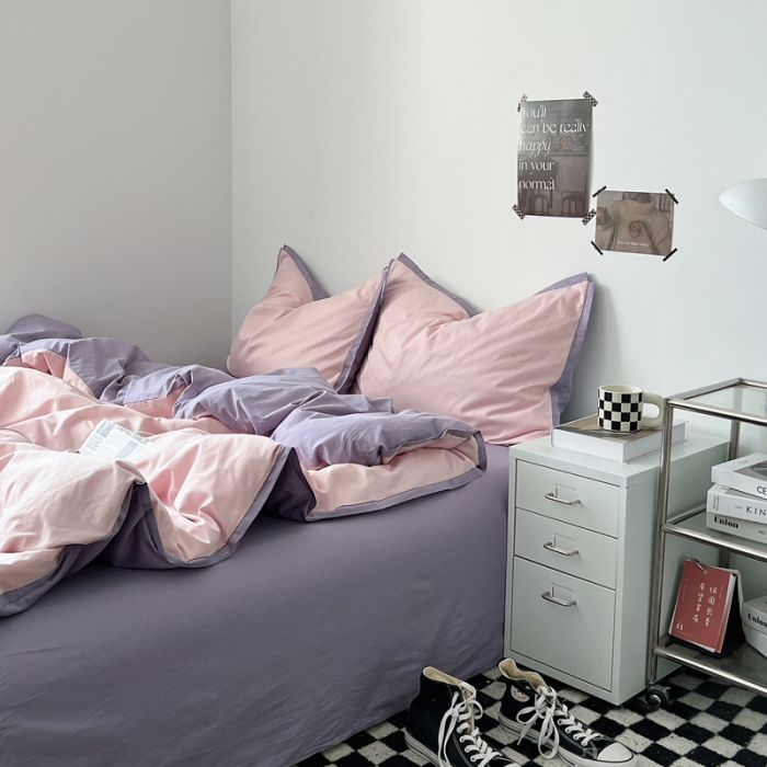 91家纺网 家纺一手货源 找家纺 安莱生活 2023新款 60贡缎双拼小宽边四件套 嫩粉双拼淡紫