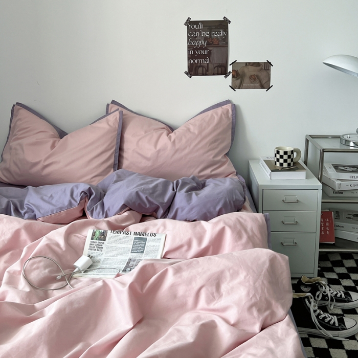 91家纺网 家纺一手货源 找家纺 安莱生活 2023新款 60贡缎双拼小宽边四件套 嫩粉双拼淡紫