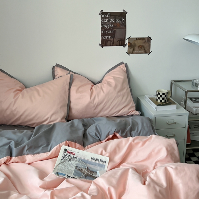 91家纺网 家纺一手货源 找家纺 安莱生活 2023新款 60贡缎双拼小宽边四件套 嫩粉双拼浅灰