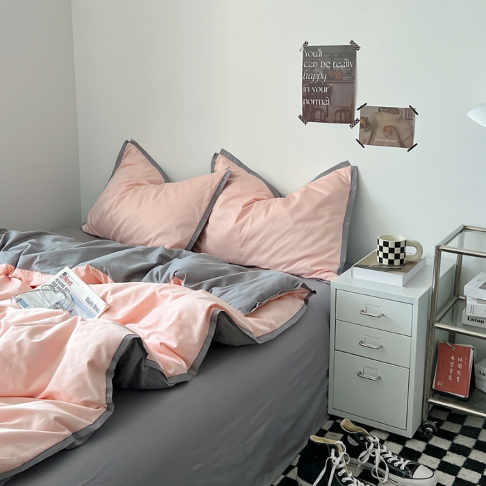 91家纺网 家纺一手货源 找家纺 安莱生活 2023新款 60贡缎双拼小宽边四件套 嫩粉双拼浅灰