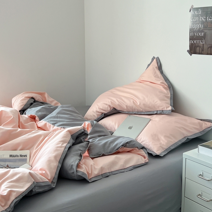 91家纺网 家纺一手货源 找家纺 安莱生活 2023新款 60贡缎双拼小宽边四件套 嫩粉双拼浅灰