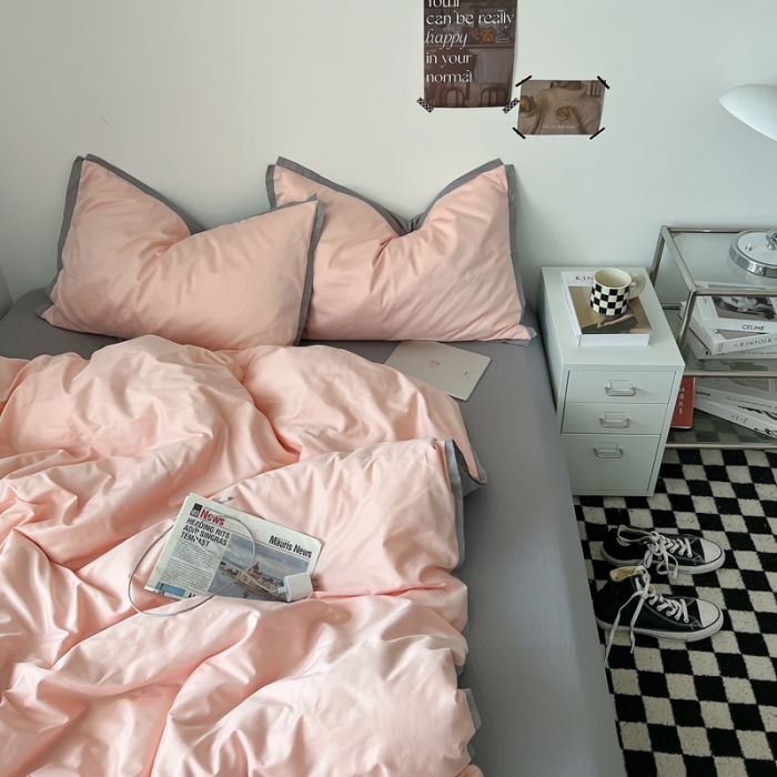 91家纺网 家纺一手货源 找家纺 安莱生活 2023新款 60贡缎双拼小宽边四件套 嫩粉双拼浅灰