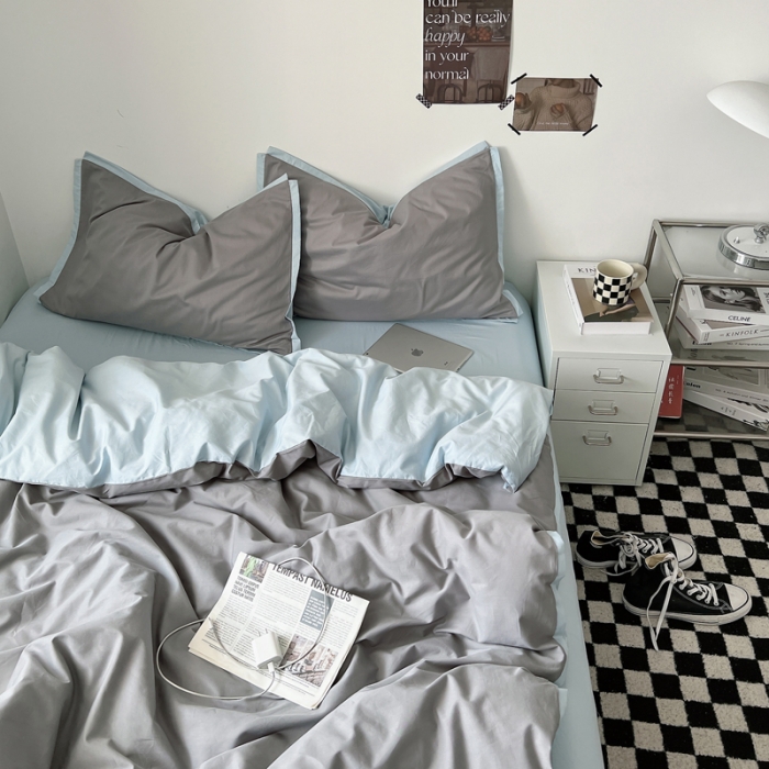 91家纺网 家纺一手货源 找家纺 安莱生活 2023新款 60贡缎双拼小宽边四件套 浅灰双拼淡蓝