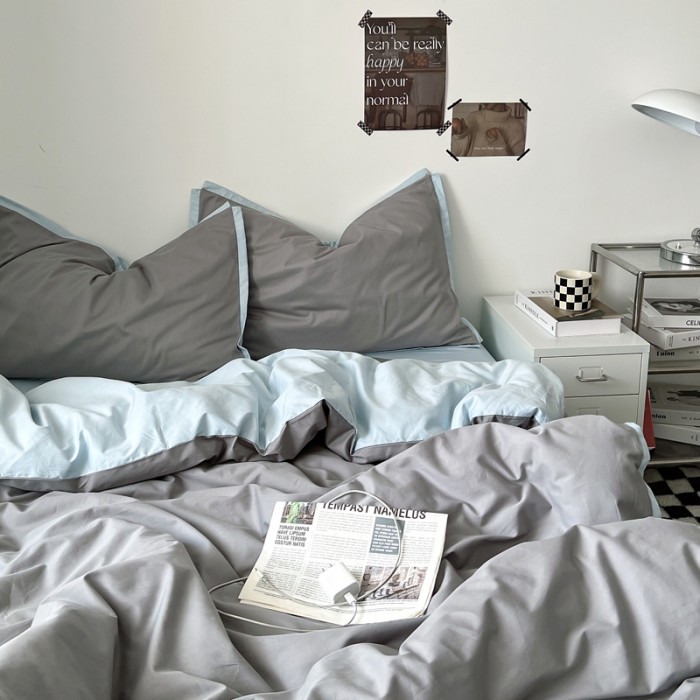 91家纺网 家纺一手货源 找家纺 安莱生活 2023新款 60贡缎双拼小宽边四件套 浅灰双拼淡蓝