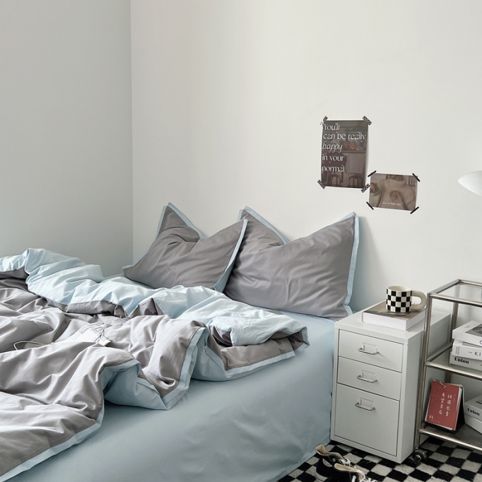 91家纺网 家纺一手货源 找家纺 安莱生活 2023新款 60贡缎双拼小宽边四件套 浅灰双拼淡蓝