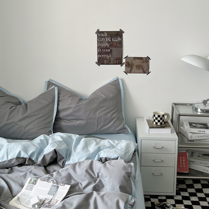 91家纺网 家纺一手货源 找家纺 安莱生活 2023新款 60贡缎双拼小宽边四件套 浅灰双拼淡蓝