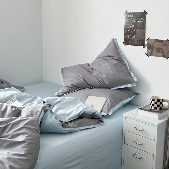 91家纺网 家纺一手货源 找家纺 安莱生活 2023新款 60贡缎双拼小宽边四件套 浅灰双拼淡蓝