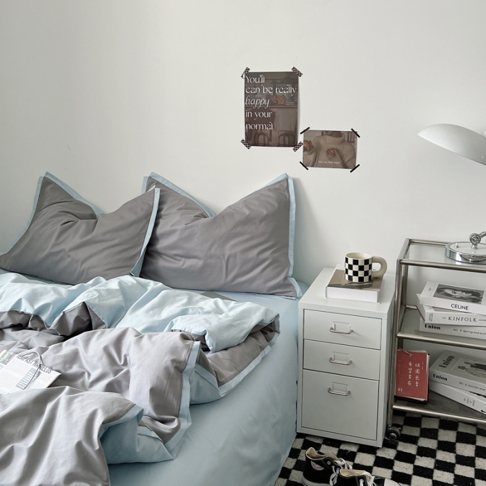 91家纺网 家纺一手货源 找家纺 安莱生活 2023新款 60贡缎双拼小宽边四件套 浅灰双拼淡蓝