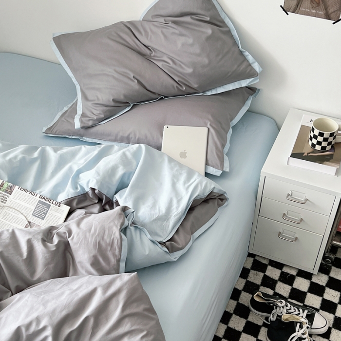 91家纺网 家纺一手货源 找家纺 安莱生活 2023新款 60贡缎双拼小宽边四件套 浅灰双拼淡蓝