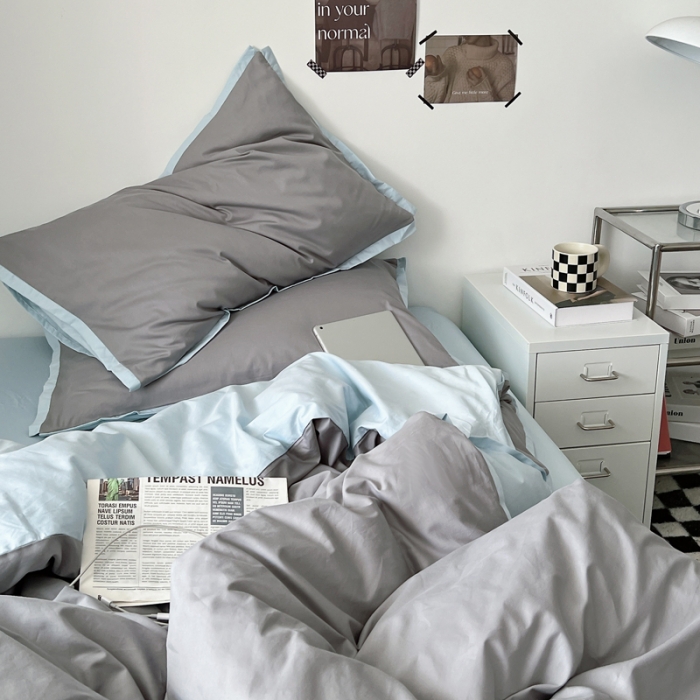 91家纺网 家纺一手货源 找家纺 安莱生活 2023新款 60贡缎双拼小宽边四件套 浅灰双拼淡蓝