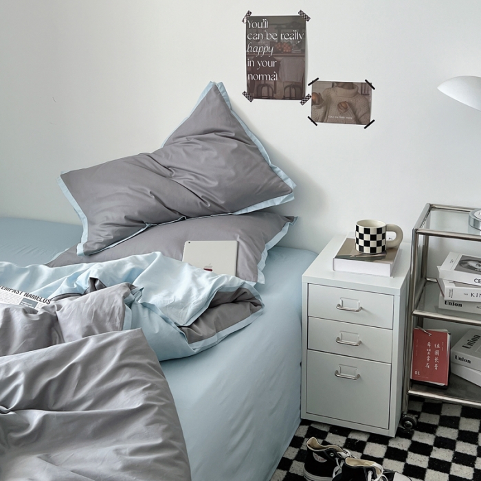 91家纺网 家纺一手货源 找家纺 安莱生活 2023新款 60贡缎双拼小宽边四件套 浅灰双拼淡蓝