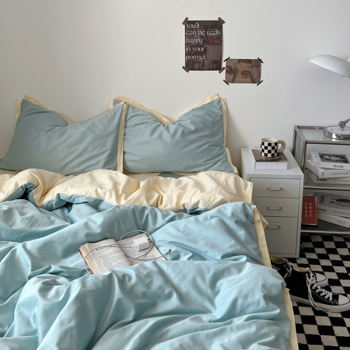 91家纺网 家纺一手货源 找家纺 安莱生活 2023新款 60贡缎双拼小宽边四件套 青柠双拼奶黄