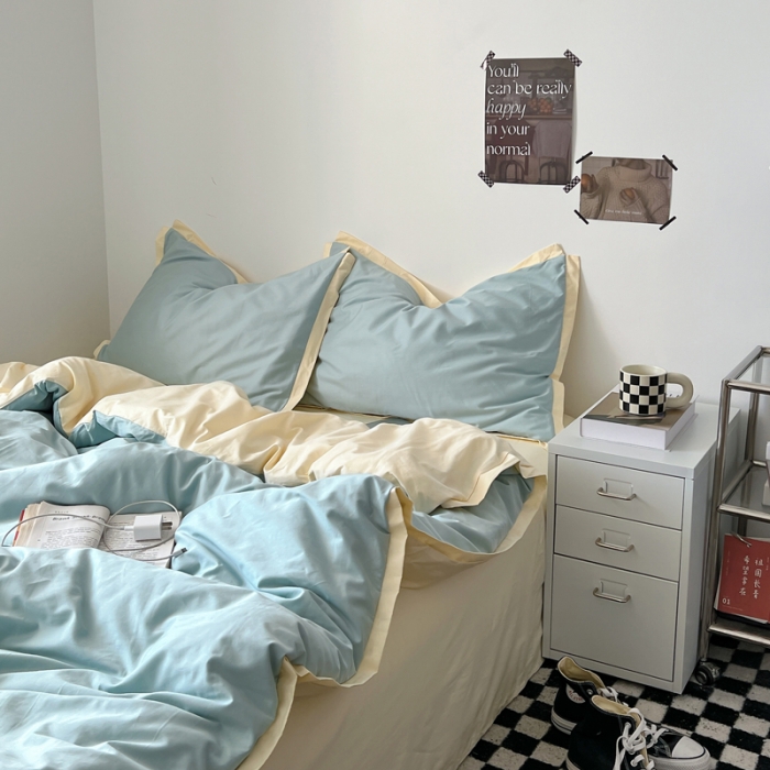 91家纺网 家纺一手货源 找家纺 安莱生活 2023新款 60贡缎双拼小宽边四件套 青柠双拼奶黄