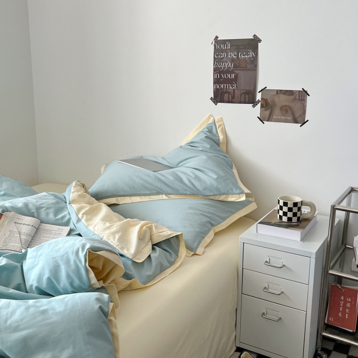 91家纺网 家纺一手货源 找家纺 安莱生活 2023新款 60贡缎双拼小宽边四件套 青柠双拼奶黄