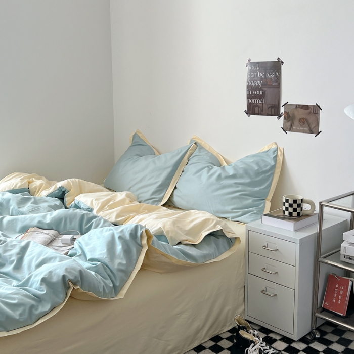 91家纺网 家纺一手货源 找家纺 安莱生活 2023新款 60贡缎双拼小宽边四件套 青柠双拼奶黄