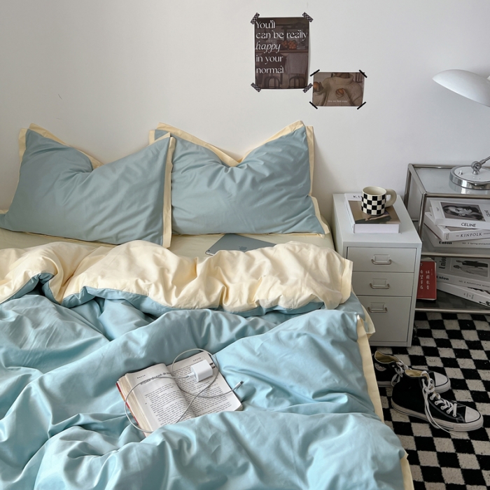 91家纺网 家纺一手货源 找家纺 安莱生活 2023新款 60贡缎双拼小宽边四件套 青柠双拼奶黄