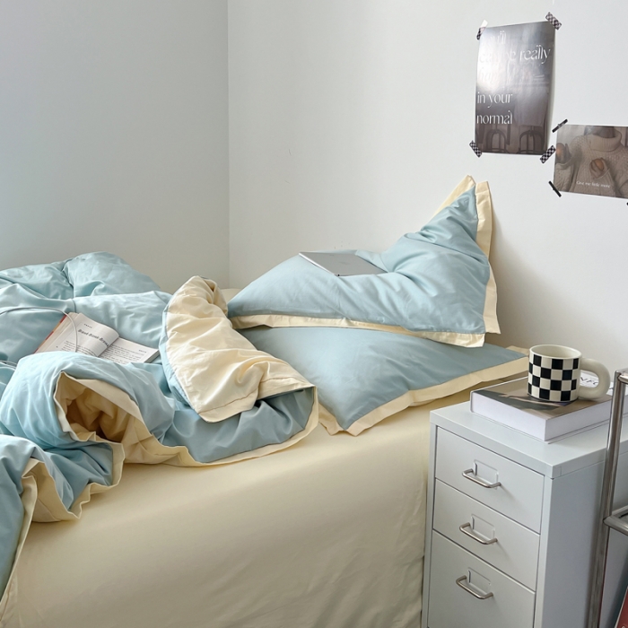 91家纺网 家纺一手货源 找家纺 安莱生活 2023新款 60贡缎双拼小宽边四件套 青柠双拼奶黄