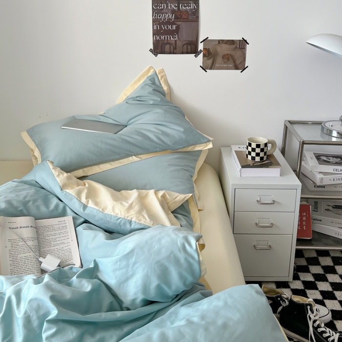 91家纺网 家纺一手货源 找家纺 安莱生活 2023新款 60贡缎双拼小宽边四件套 青柠双拼奶黄