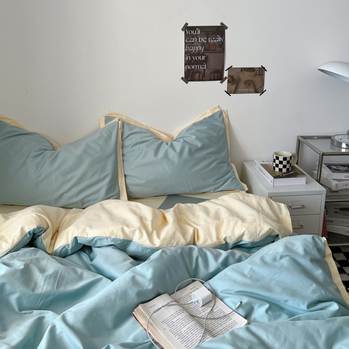 91家纺网 家纺一手货源 找家纺 安莱生活 2023新款 60贡缎双拼小宽边四件套 青柠双拼奶黄