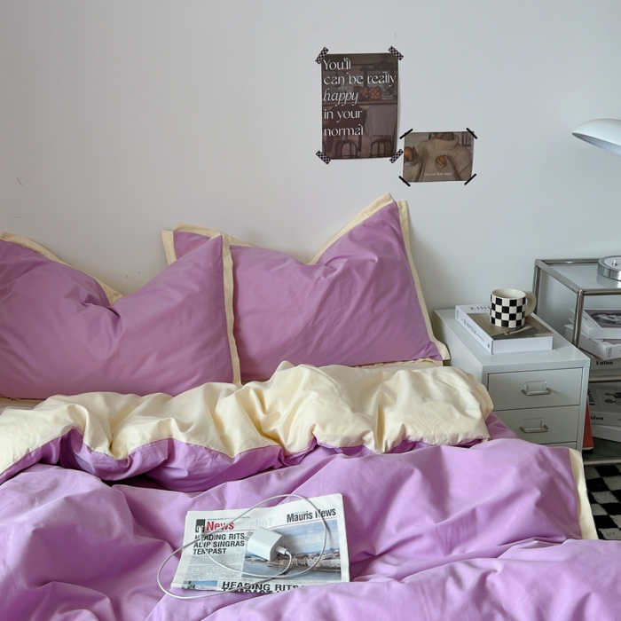 91家纺网 家纺一手货源 找家纺 安莱生活 2023新款 60贡缎双拼小宽边四件套 紫嫣双拼奶黄