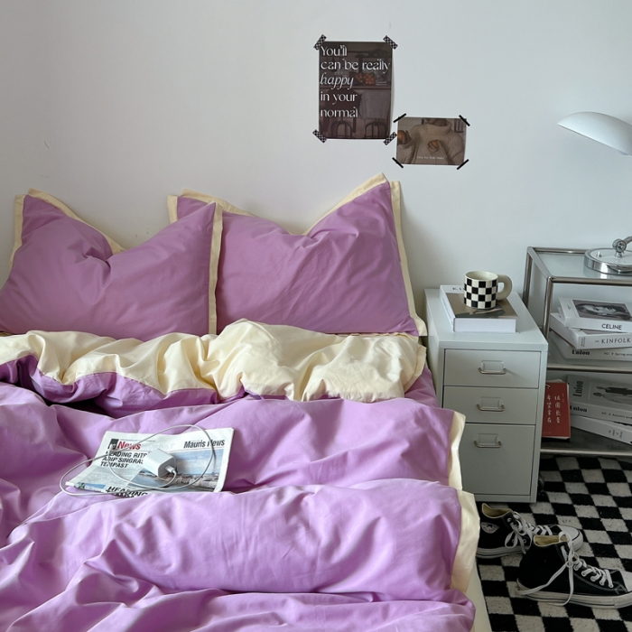 91家纺网 家纺一手货源 找家纺 安莱生活 2023新款 60贡缎双拼小宽边四件套 紫嫣双拼奶黄