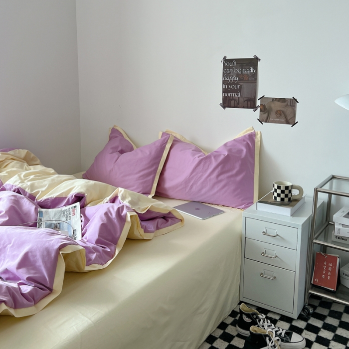 91家纺网 家纺一手货源 找家纺 安莱生活 2023新款 60贡缎双拼小宽边四件套 紫嫣双拼奶黄