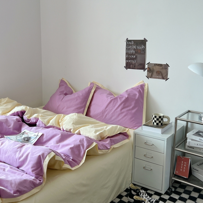 91家纺网 家纺一手货源 找家纺 安莱生活 2023新款 60贡缎双拼小宽边四件套 紫嫣双拼奶黄