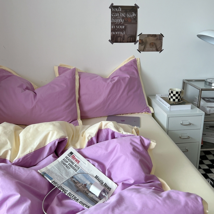 91家纺网 家纺一手货源 找家纺 安莱生活 2023新款 60贡缎双拼小宽边四件套 紫嫣双拼奶黄