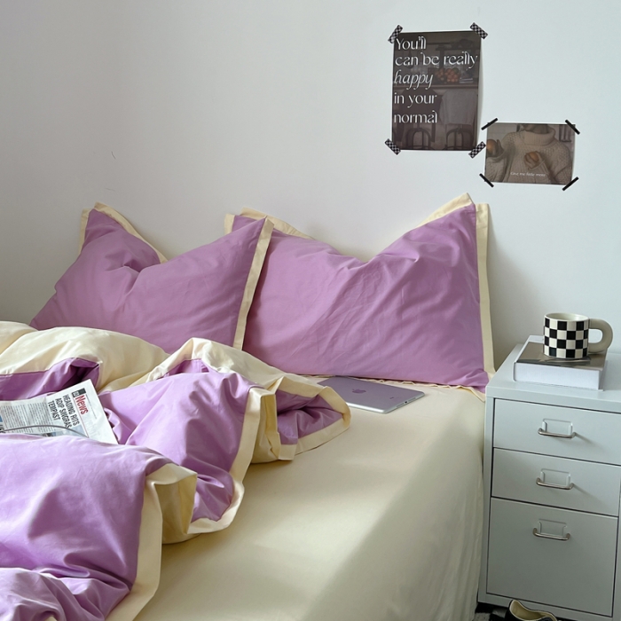 91家纺网 家纺一手货源 找家纺 安莱生活 2023新款 60贡缎双拼小宽边四件套 紫嫣双拼奶黄