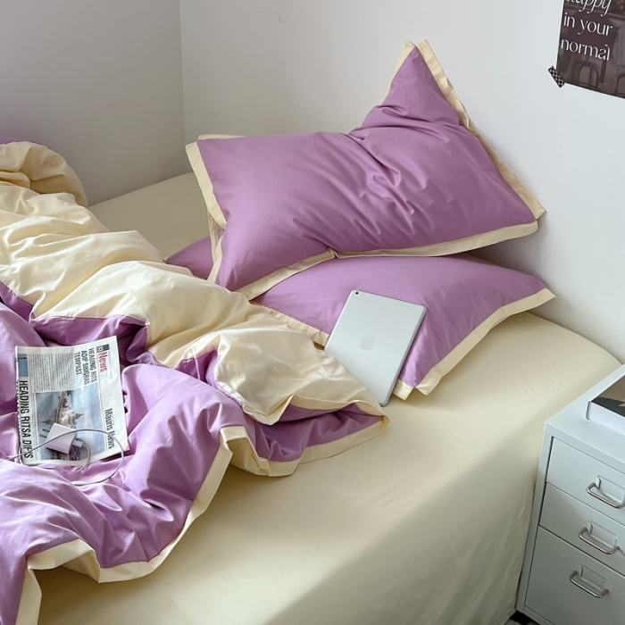 91家纺网 家纺一手货源 找家纺 安莱生活 2023新款 60贡缎双拼小宽边四件套 紫嫣双拼奶黄