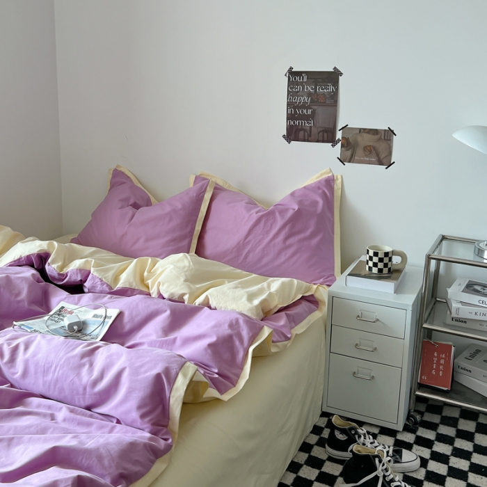 91家纺网 家纺一手货源 找家纺 安莱生活 2023新款 60贡缎双拼小宽边四件套 紫嫣双拼奶黄