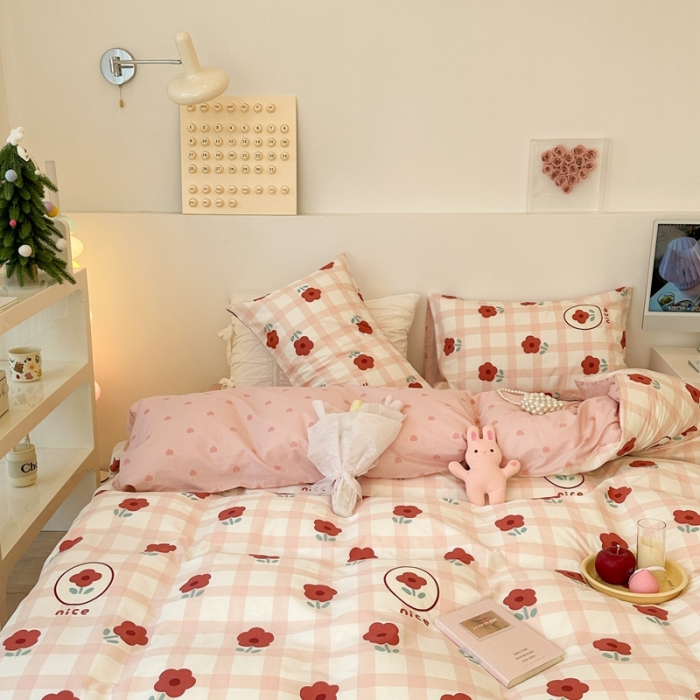 91家纺网 家纺一手货源 找家纺 昔可 2023春日新款全棉3 粉格红花