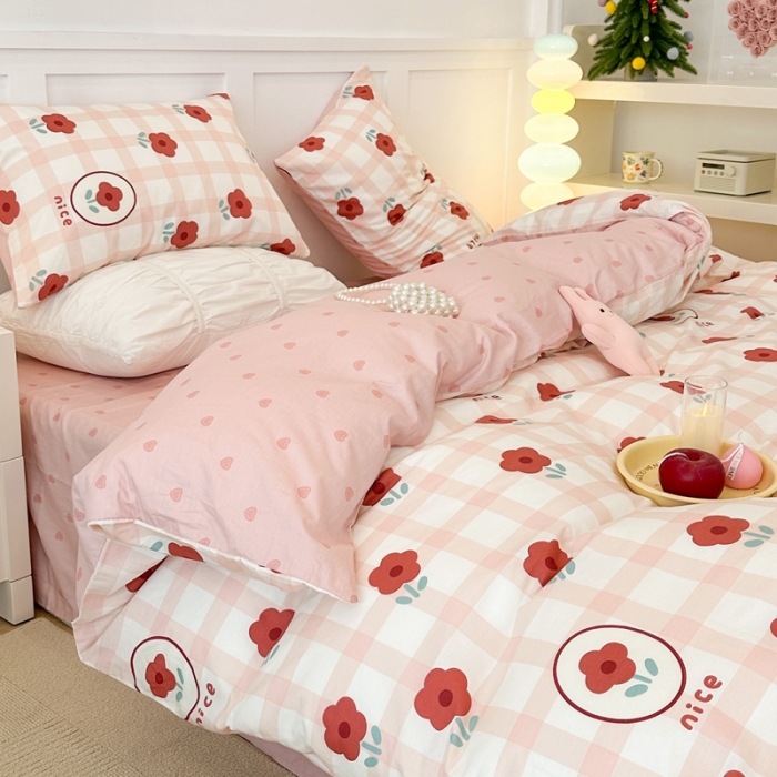 91家纺网 家纺一手货源 找家纺 昔可 2023春日新款全棉3 粉格红花