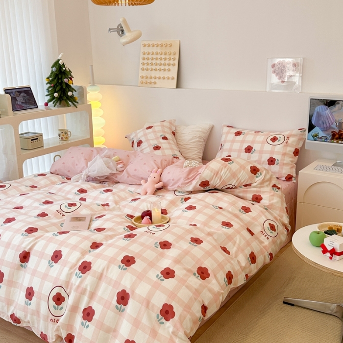 91家纺网 家纺一手货源 找家纺 昔可 2023春日新款全棉3 粉格红花